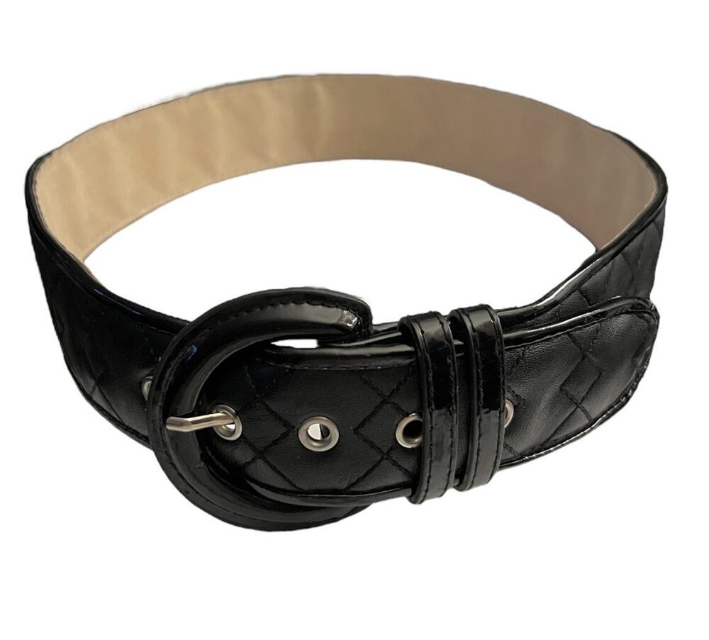 Vtg Ellen Tracy Belt 2” Wide Black Leather Patent Buckle Womens 31-35 Waist